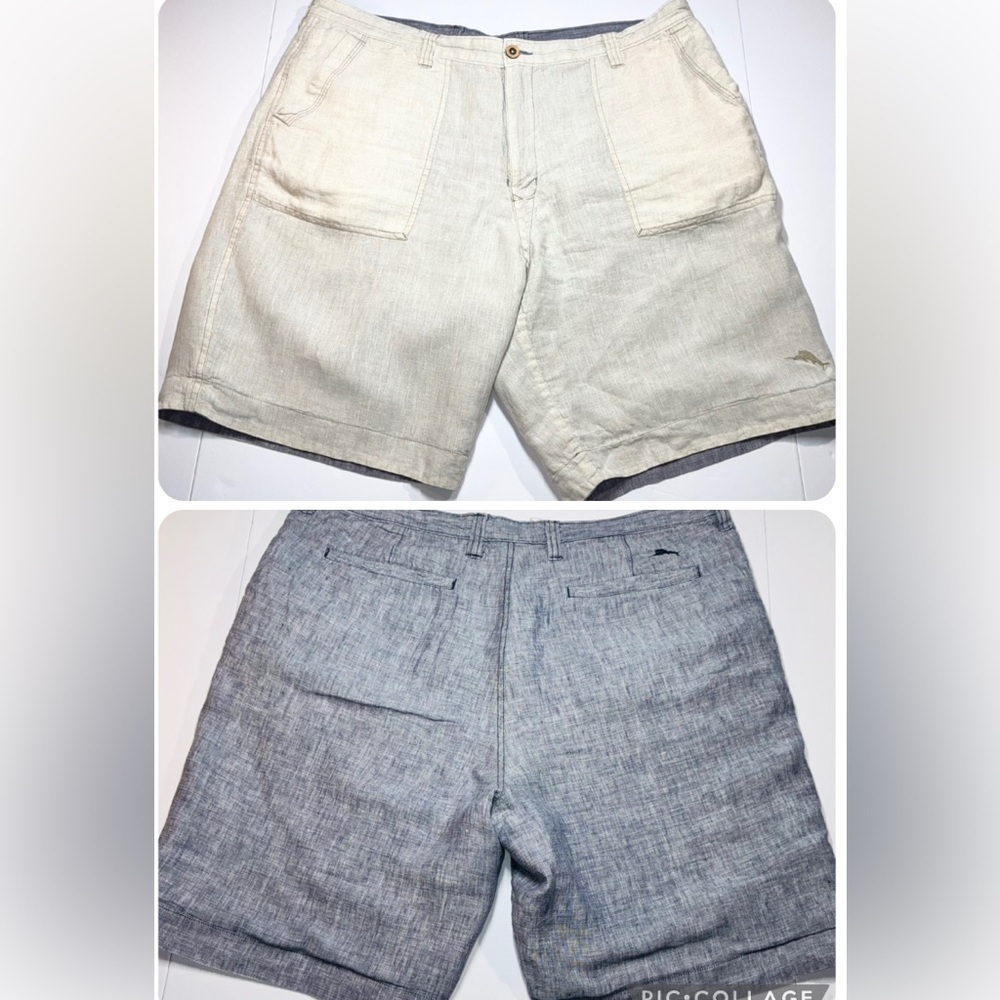Tommy Bahama Reversible 100% Linen Shorts Mens 38 Blue Beige Casual